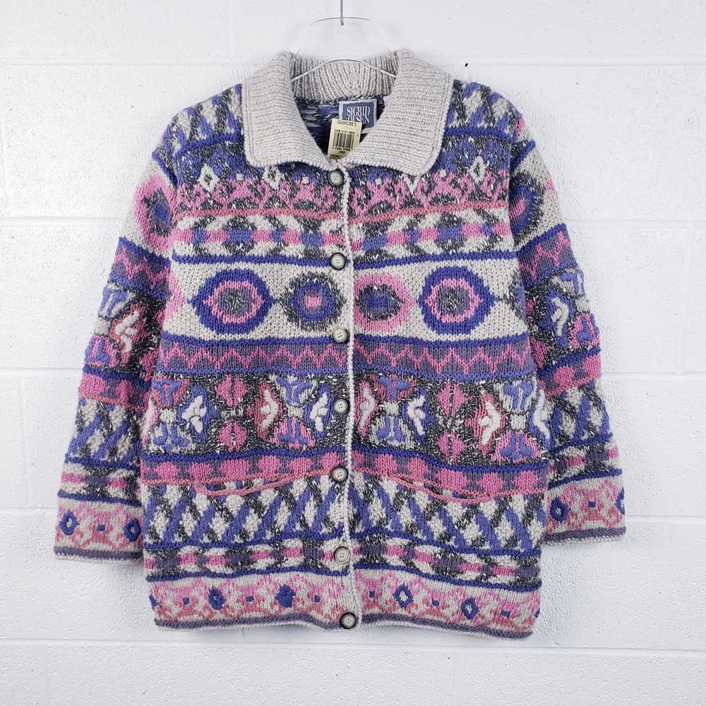 VTG 90s Sigrid Olsen Cardigan Sweater Pink Blue Fair Isle Wool‎ Blend Large